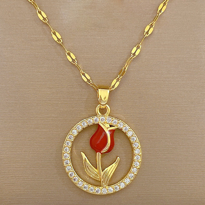 Collana con ciondolo a rosa geometrico floreale, dolce e di lusso, in acciaio al titanio per unisex