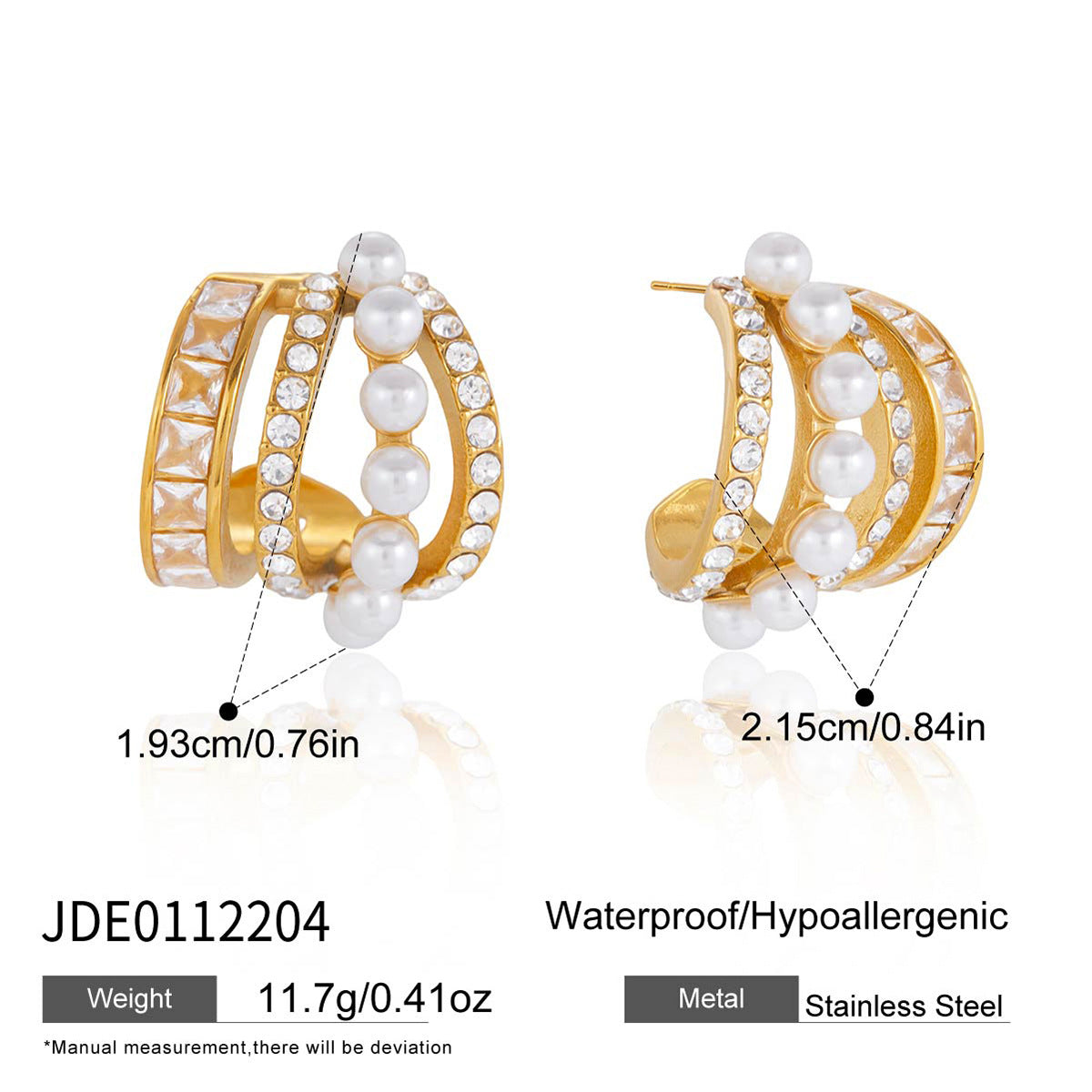 Elegant Geometric C-Shaped Stainless Steel Earrings with Rhinestone and Imitation Pearl Plated Finish for Women