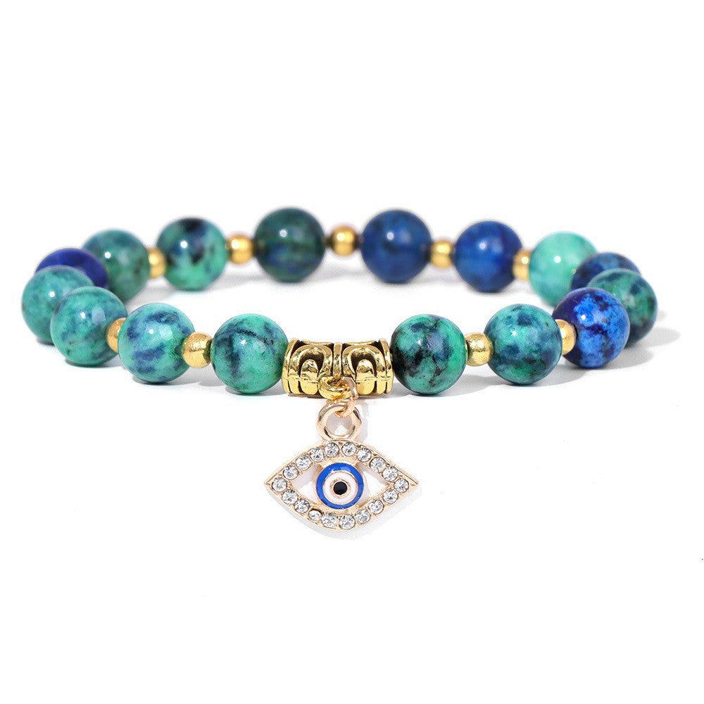 Vintage Minimalist Geometric Agate Beaded Bracelet with Evil Eye Pendant Unisex Jewelry