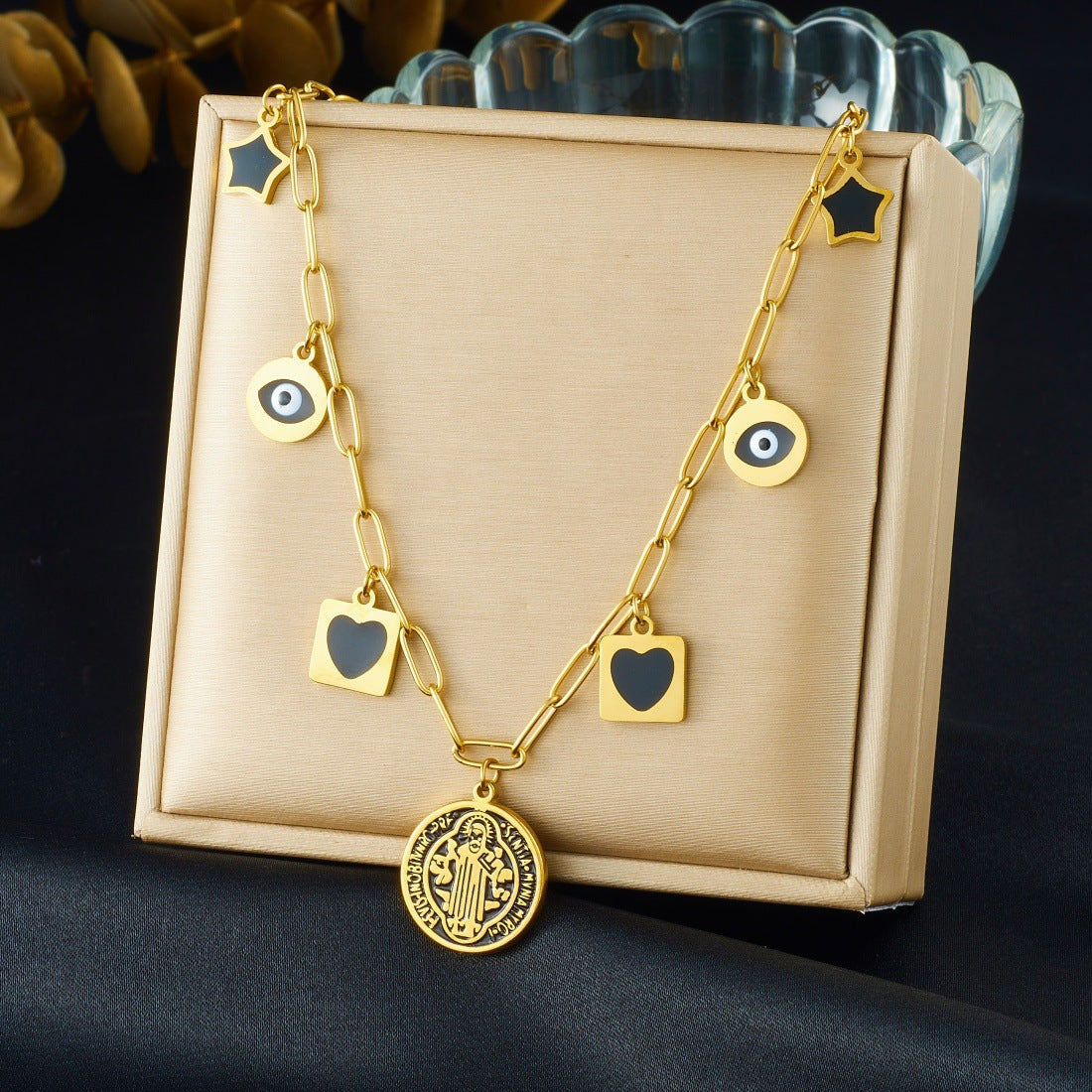Chic Gold Plated Drip Oil Heart Floral Star Round Stainless Steel Pendant Necklace for Women
