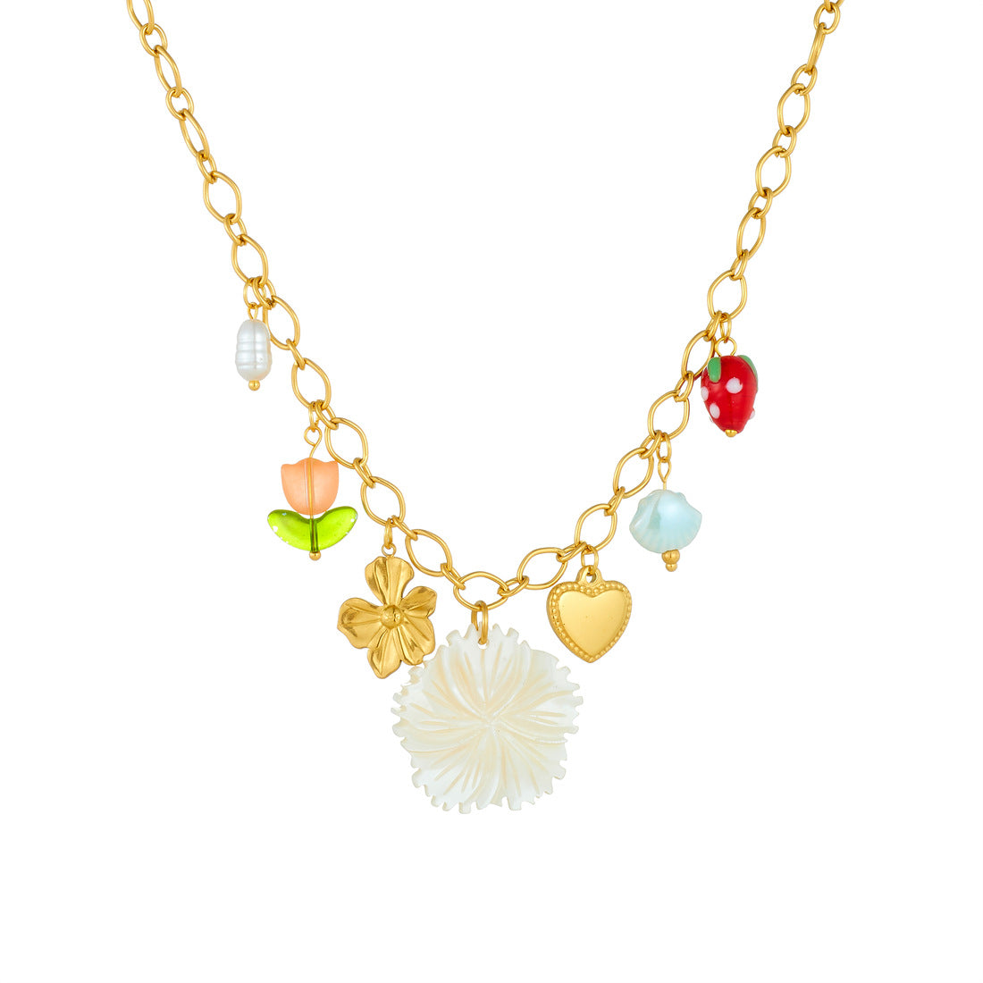Chic Gold Plated Heart Strawberry Floral Stainless Steel Necklace for Women