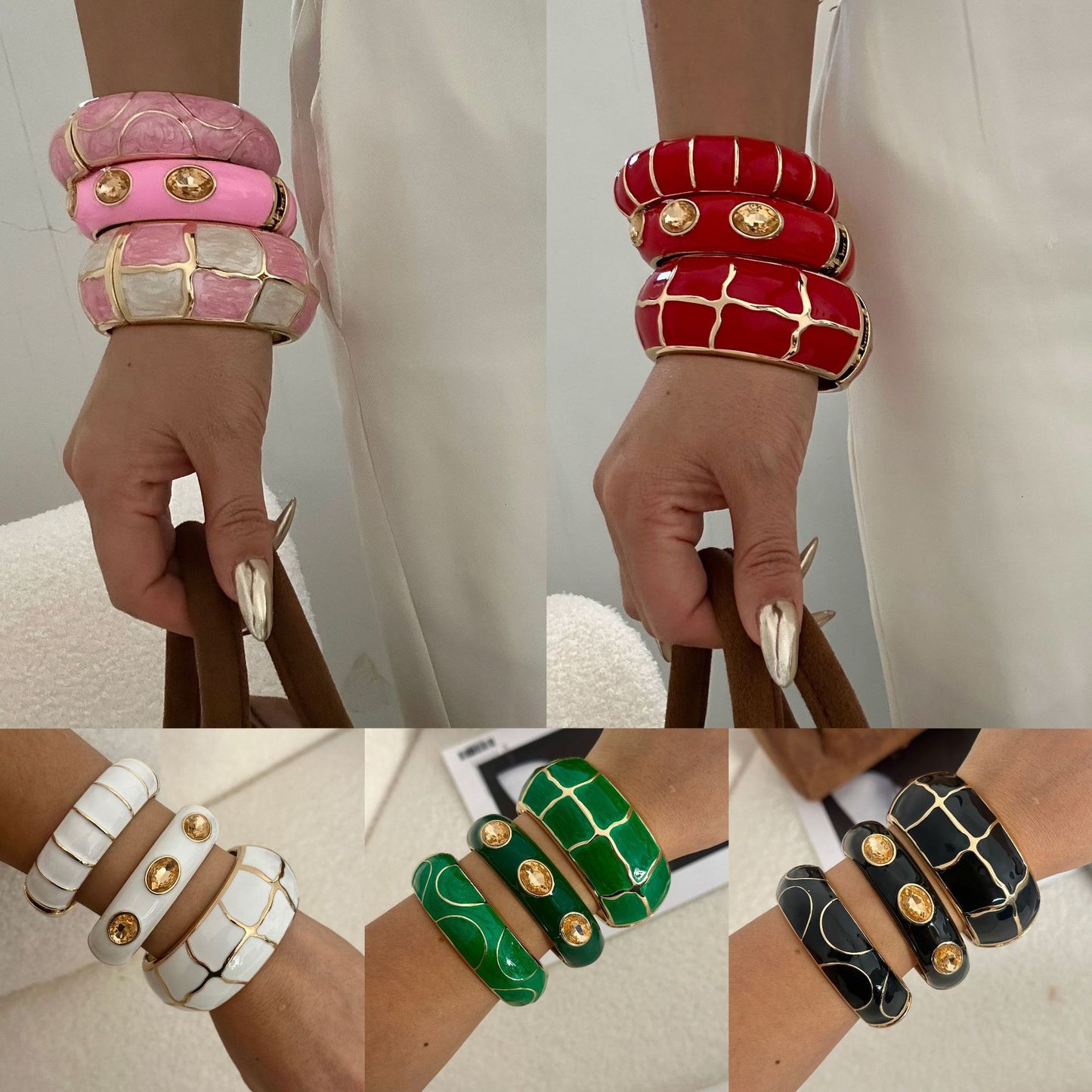 Rose Red Gradient Checkered Geometric Drip Oil Plated Alloy Open Cuff Bracelet