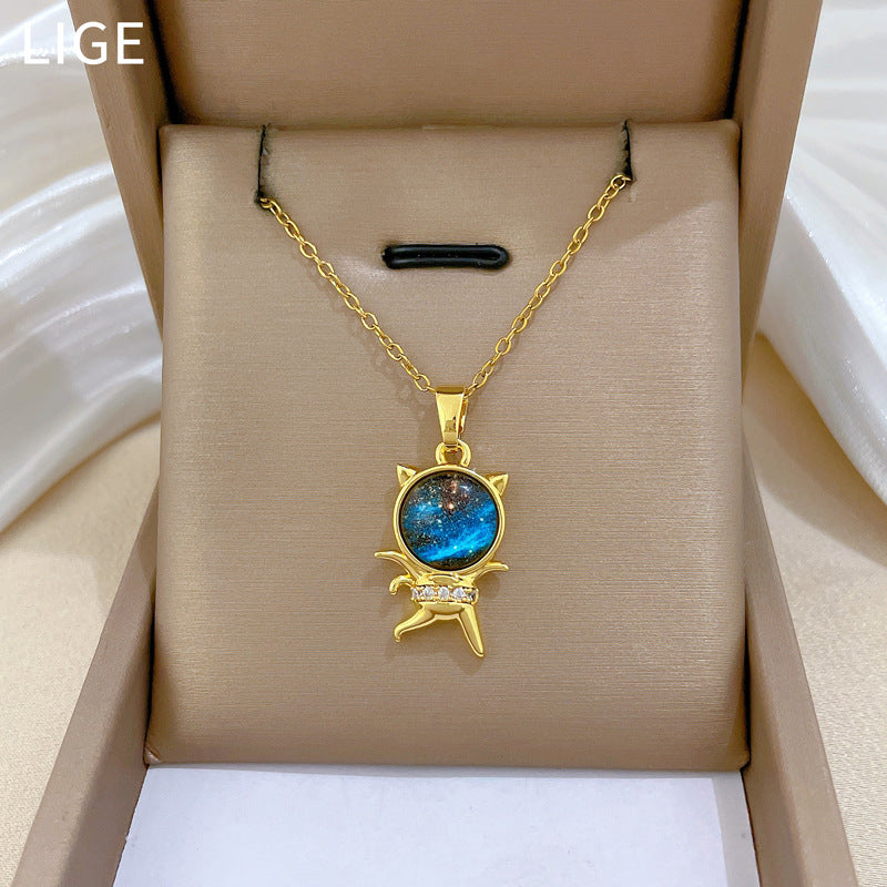 Cartoon Style Starry Sky Cat Pendant Necklace for Women in Titanium Steel with Rhinestone Inlay, Delicate Clavicle Chain
