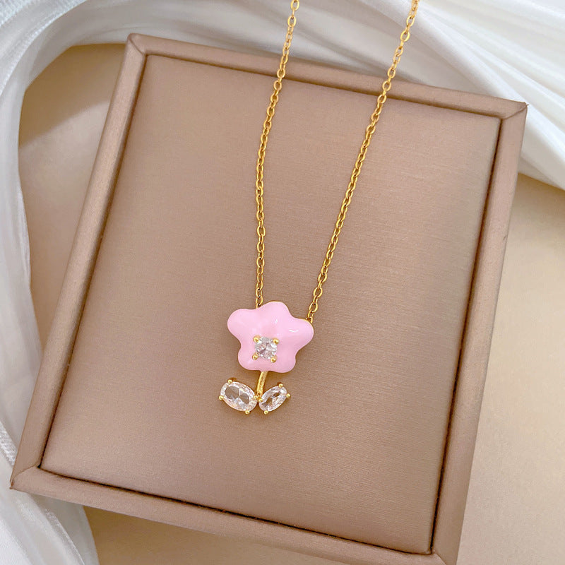 Minimalist Floral Geometric Pendant Necklace in Titanium Steel with Enamel Finish and Cubic Zirconia Accents for Women