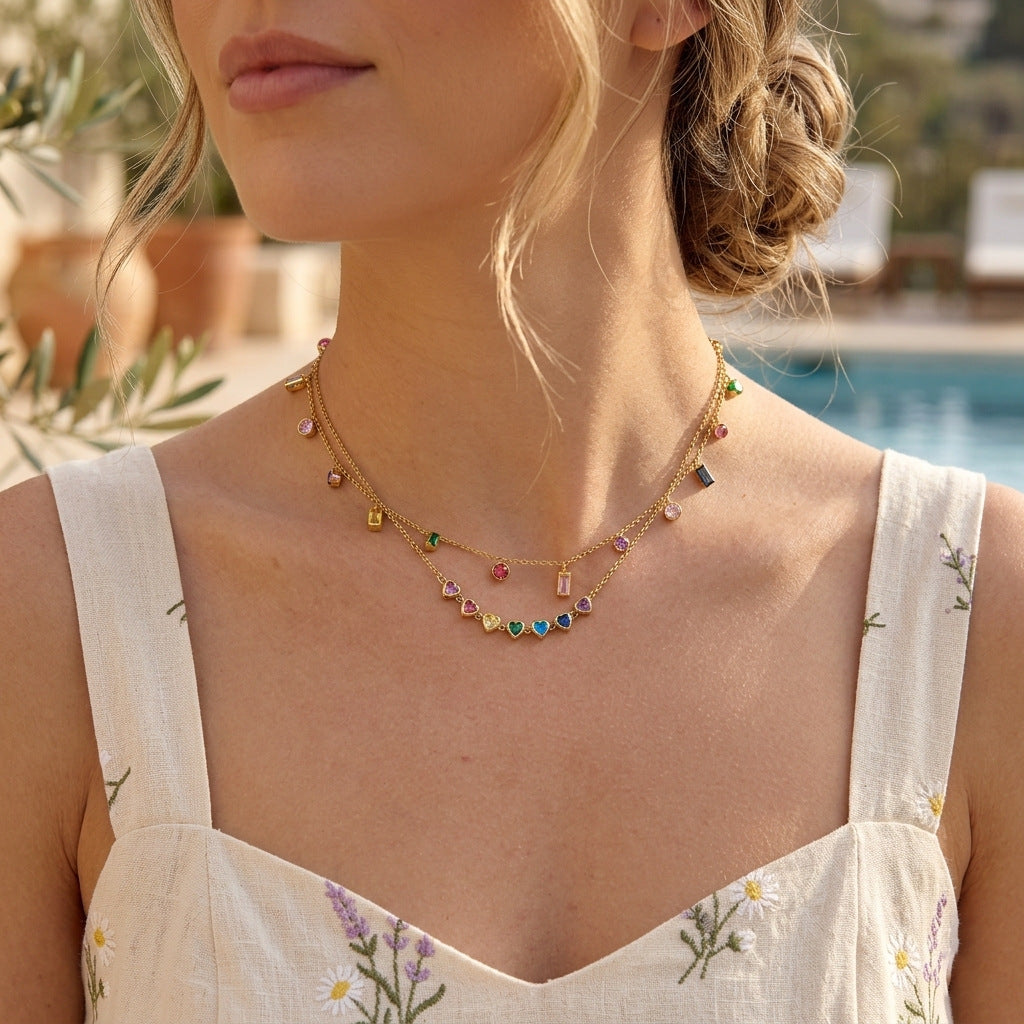 Minimalist 18K Gold Plated Geometric Heart Stainless Steel Necklace with Colorful Cubic Zirconia for Women