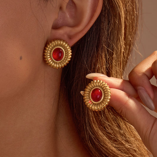 Pendientes de botón de ágata ojo de tigre con diseño geométrico de estilo vintage en acero inoxidable con baño de oro para mujer