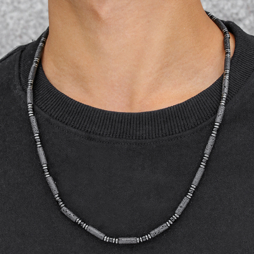 Bohemian Handmade Geometric Round Volcanic Stone and Hematite Long Necklace for Unisex
