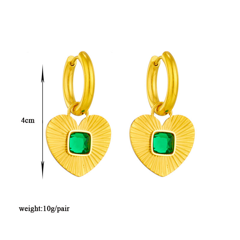 Fashionable Striped Heart-Shaped Rhinestone-Inlaid Titanium Steel Hoop Earrings for Women