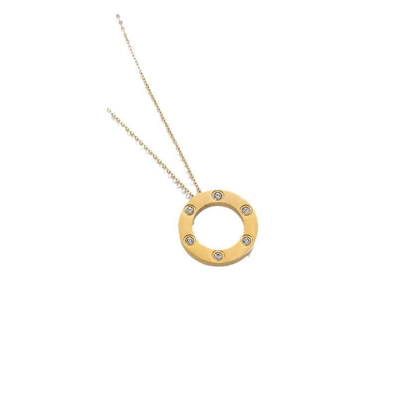 Minimalist Round Titanium Steel Pendant Necklace for Women with Rhinestone Inlay Snake Chain Elegant Clavicle Chain