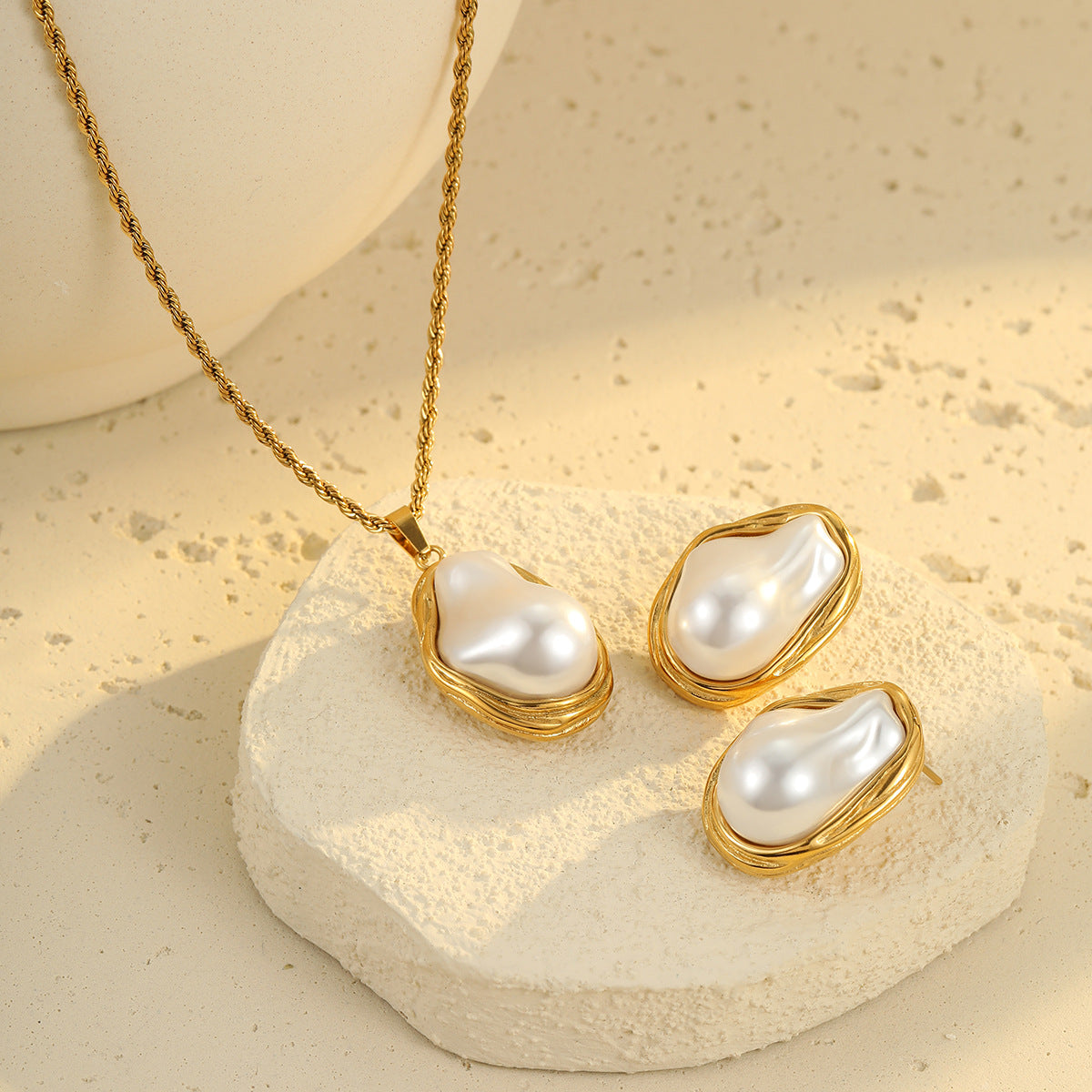 Vintage Geometric Baroque Pearl Earrings and Stainless Steel Clavicle Necklace with Plating Finish