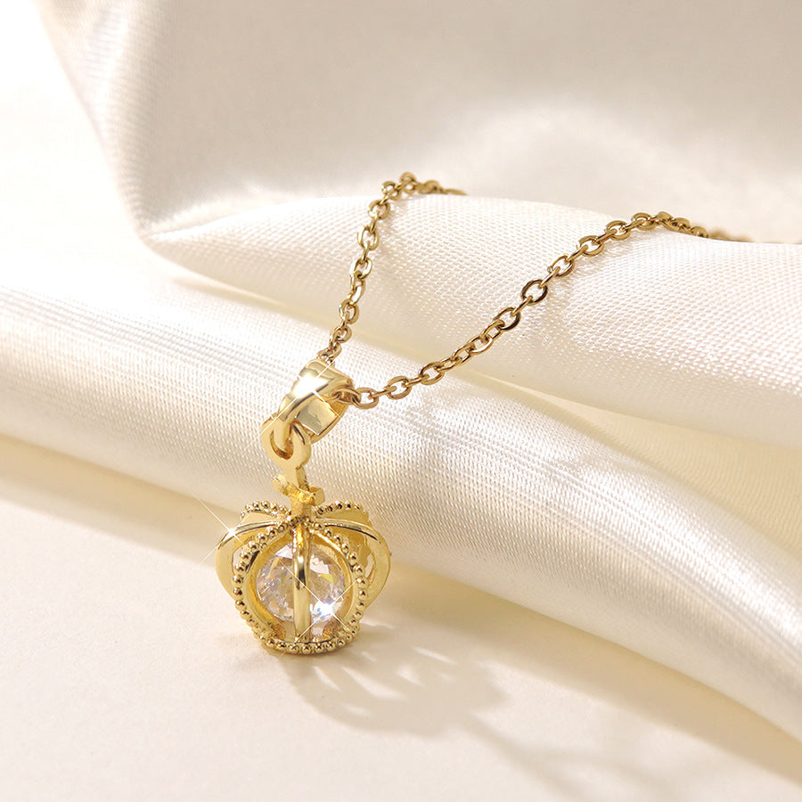 Gold Plated Stainless Steel Crown Necklace with Rhinestone for Women