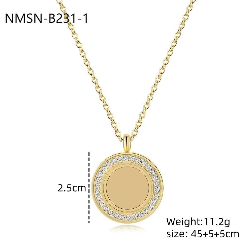 Collar minimalista de acero inoxidable redondo geométrico chapado en oro de 18 quilates con incrustaciones de circonita cúbica y barra grabada con láser para mujer