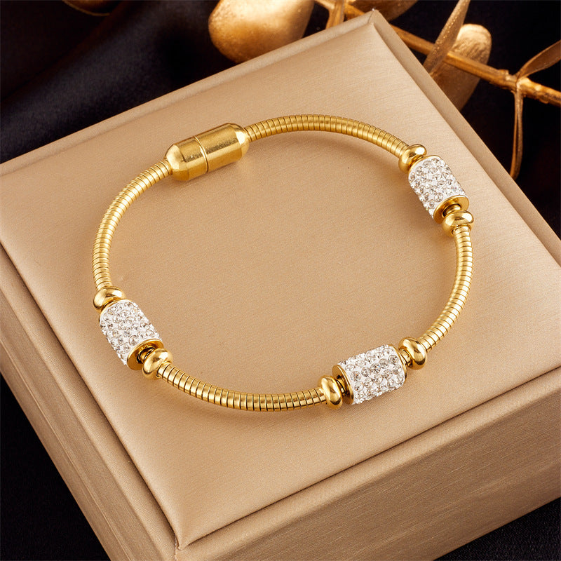 Creative Geometric Round Rhinestone Stainless Steel Bracelet with Magnetic Clasp