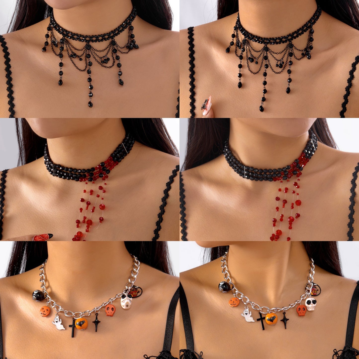 Collar gótico oscuro de varias capas con colgantes de calavera y calabaza, cadena de aleación, acabado galvanizado, joyería llamativa con temática de Halloween