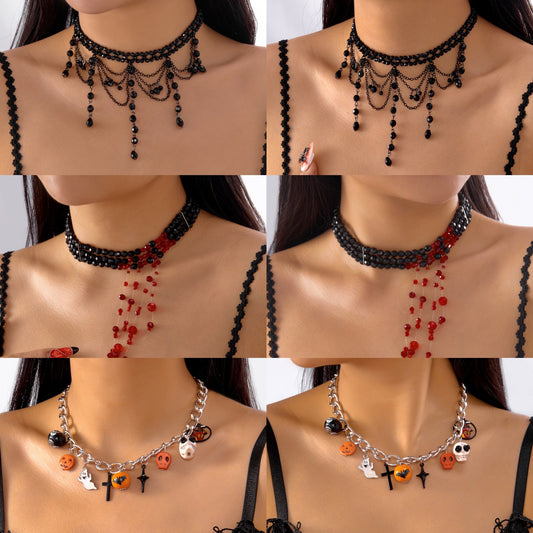 Collar gótico oscuro de varias capas con colgantes de calavera y calabaza, cadena de aleación, acabado galvanizado, joyería llamativa con temática de Halloween