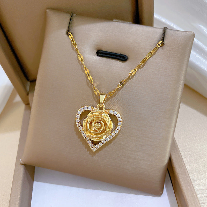 Sweet Elegant Heart Rose Cubic Zirconia Titanium Steel Necklace for Unisex