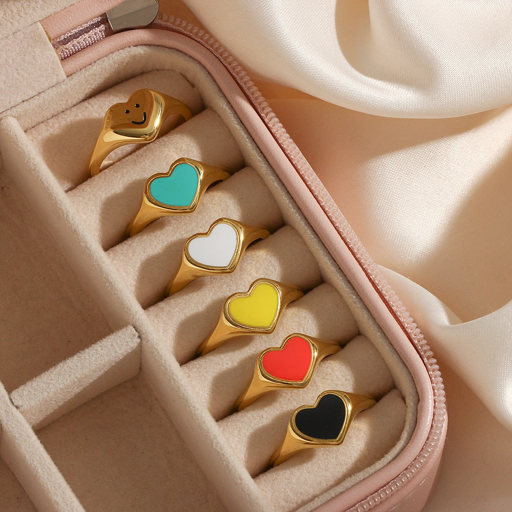 Minimalist Heart-Shaped Black Enamel Stainless Steel Plated 18K Gold Ring for Women