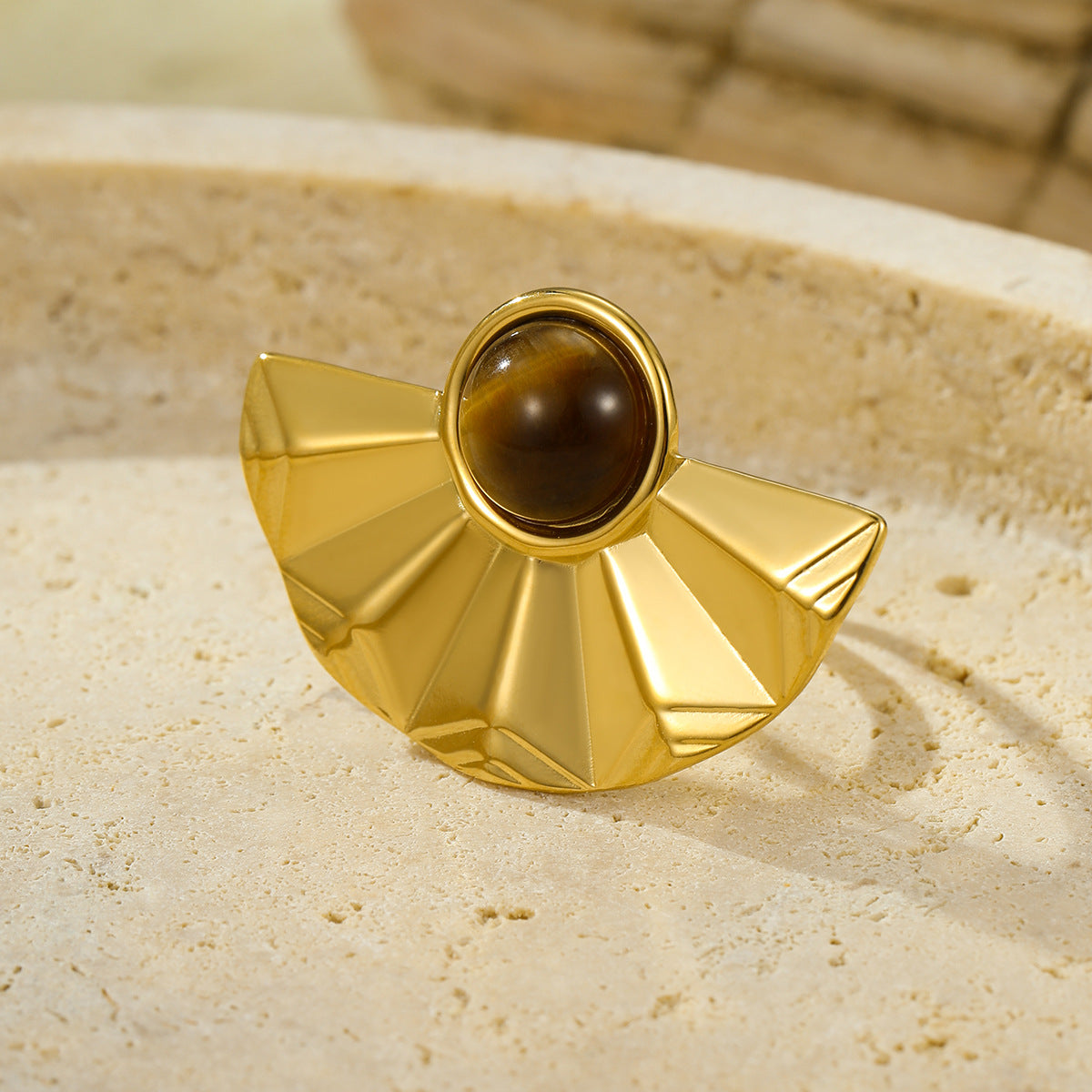 Anello vintage da donna in acciaio inossidabile placcato oro 18 carati con design geometrico a ventaglio e intarsio in pietra naturale