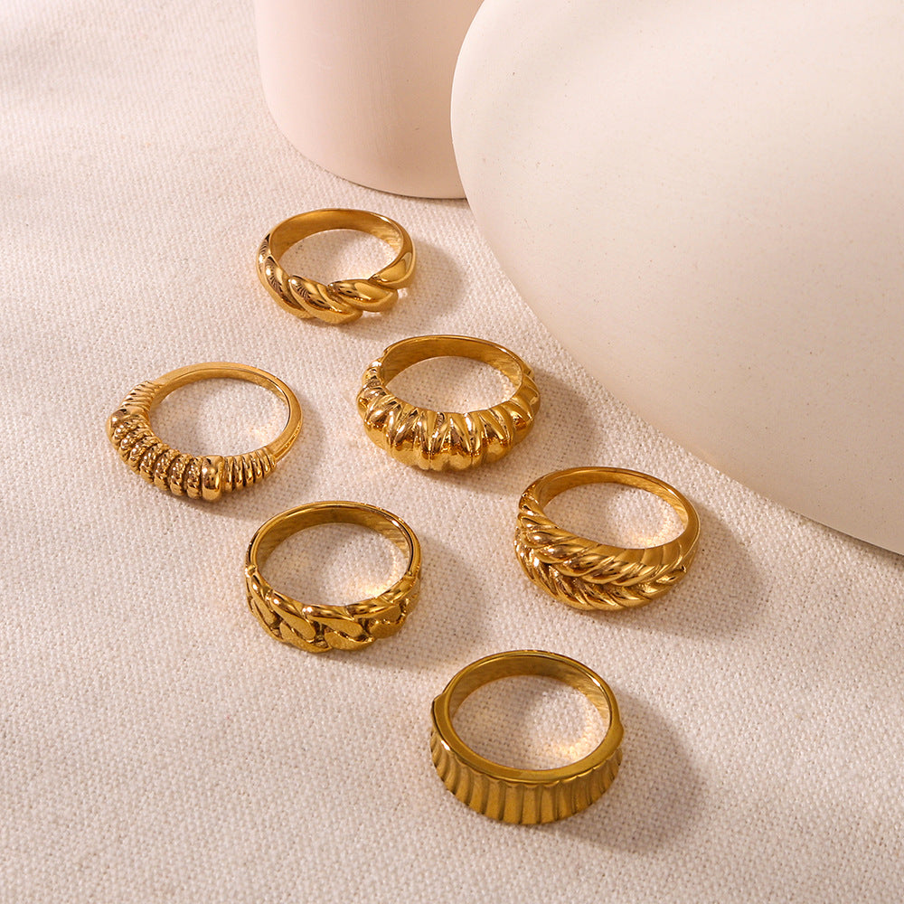 Vintage INS Style Geometric Textured Wrinkled Stainless Steel Ring with 18K Gold Plating for Women