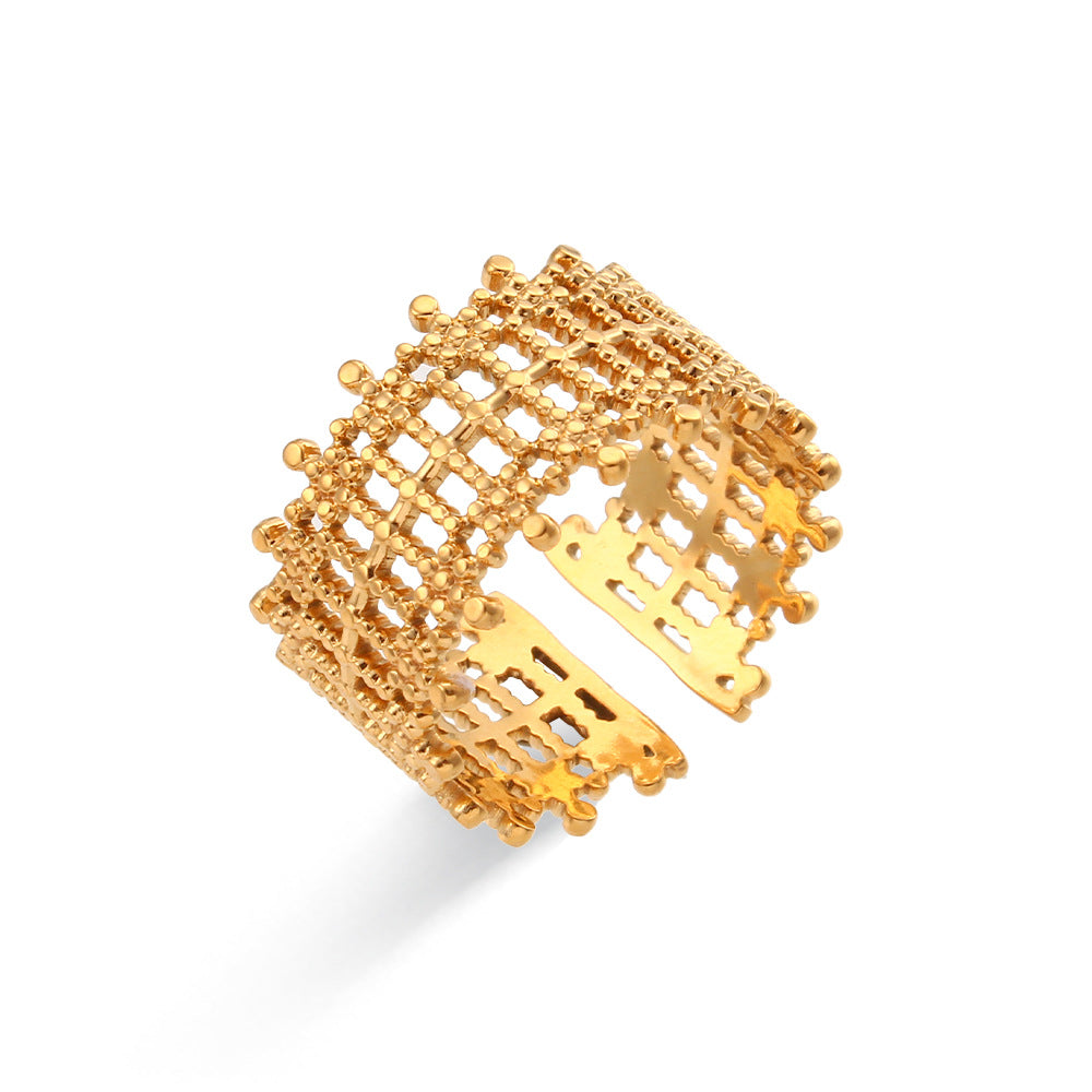 Anillo abierto trenzado de acero inoxidable calado geométrico a la moda para mujer con acabado chapado