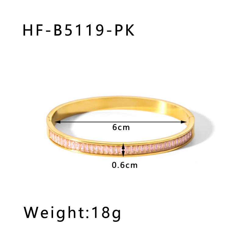 Vintage-Inspired Titanium Steel Cuff Bracelet with Zircon Inlay, Asymmetrical Design, Vacuum-Plated 18K Gold Finish for Women