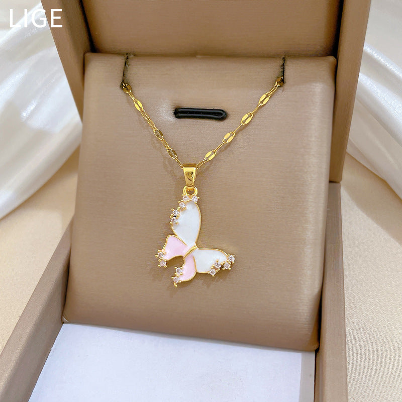 Sweet Drip Oil Pink Butterfly Moon Rhinestone Titanium Steel Necklace Set for Women and Men