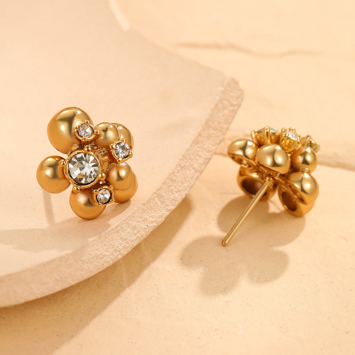 Minimalist Floral Stainless Steel Stud Earrings with Zircon Beads and Geometric Accents