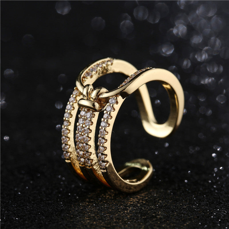 Geometric Micro-Inlaid Cubic Zirconia Brass Ring for Women