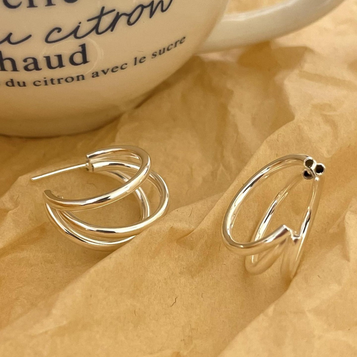 Elegant 925 Sterling Silver Geometric Multi-Layer Round Hoop Earrings with Pearl Inlay and Gold Plated Finish