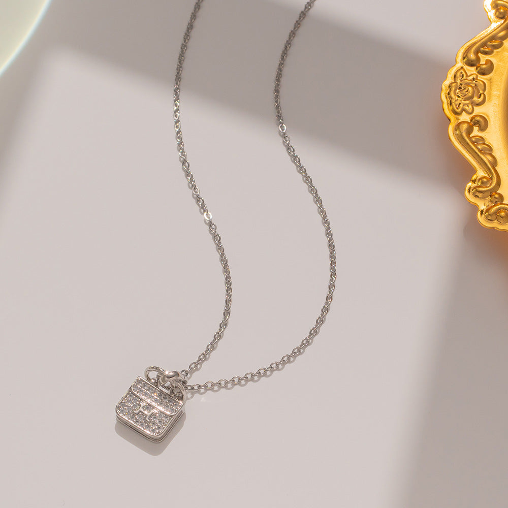 Natural and Fresh Sweet Minimalist H-Shaped Pendant Necklace in Titanium Steel with Full Rhinestone Inlay, Waterproof Clavicle Chain for Women