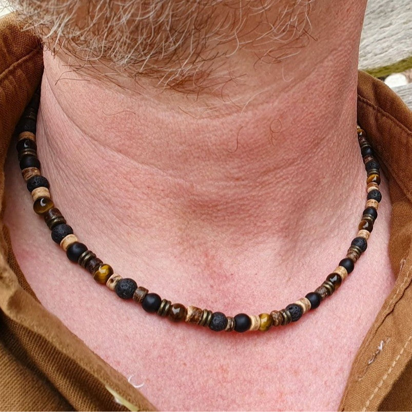 Hip-hop Geometric Round Wood and Tiger Eye Bead Necklace with Cable Chain for Unisex