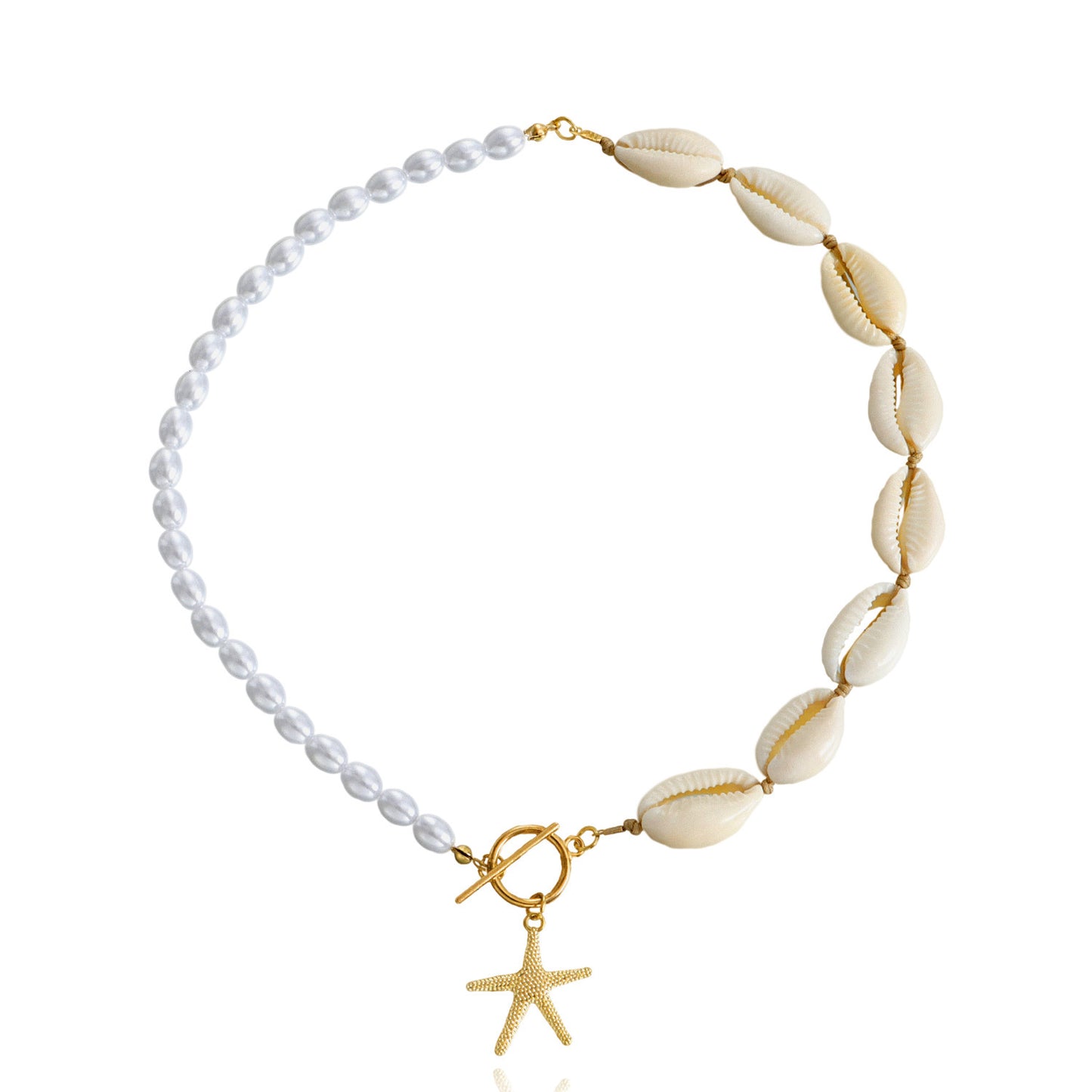 Handwoven Beach Style Alloy Starfish Pendant Necklace for Women with Shell Motif and Electroplated Finish
