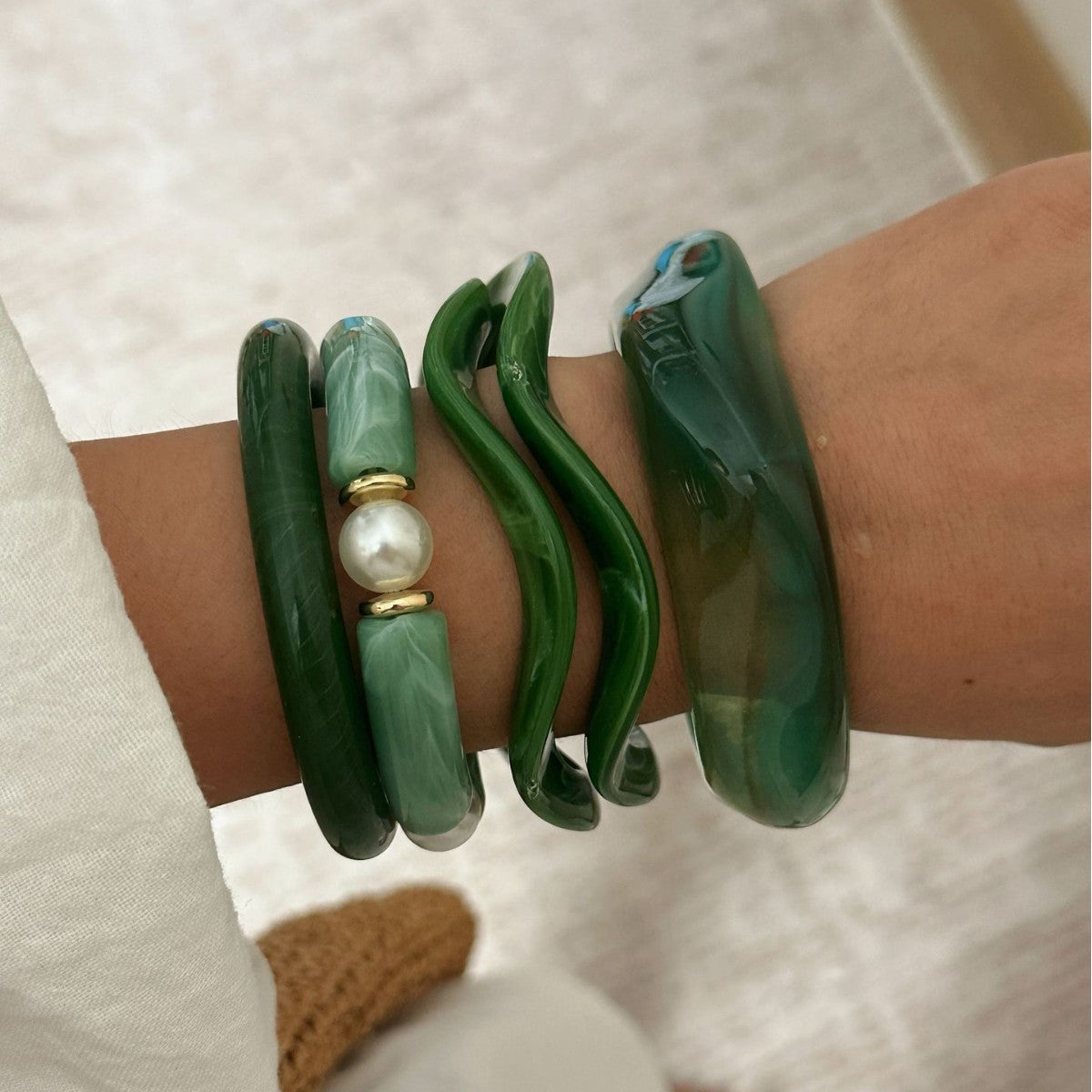 Vintage Green Acrylic Drip Oil Bracelet Set Geometric Round Square Design
