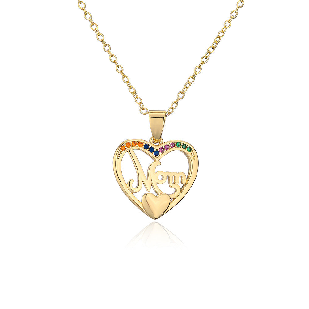Geometric MOM Pendant Necklace in Copper with 18K Gold Plating and Zircon Accents for Mother's Day