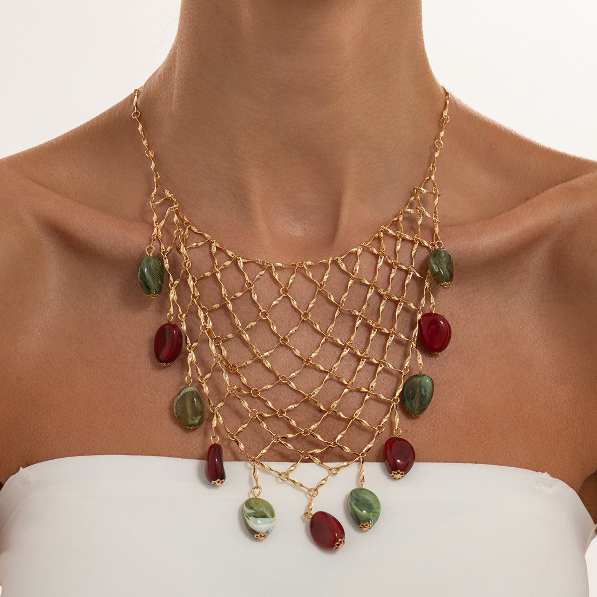 Vintage Geometric Oval Resin Pendant Plated Brass Necklace for Women