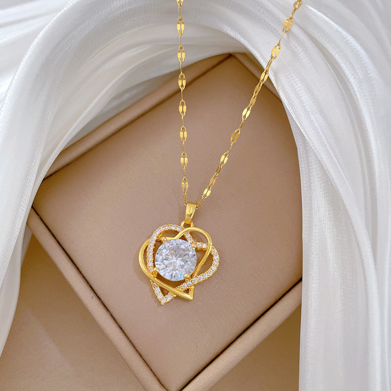 Collar de acero inoxidable de doble capa con forma de corazón e incrustaciones de diamantes de imitación para mujer, cadena de clavícula minimalista y elegante