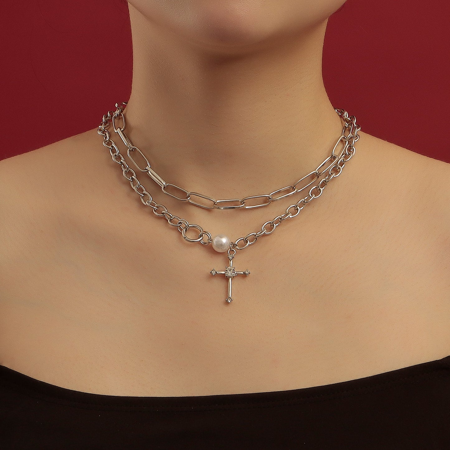 Minimalist Double-Layer Cross Pendant Necklace for Women with Rhinestone Inlay and Gold-Plated Alloy