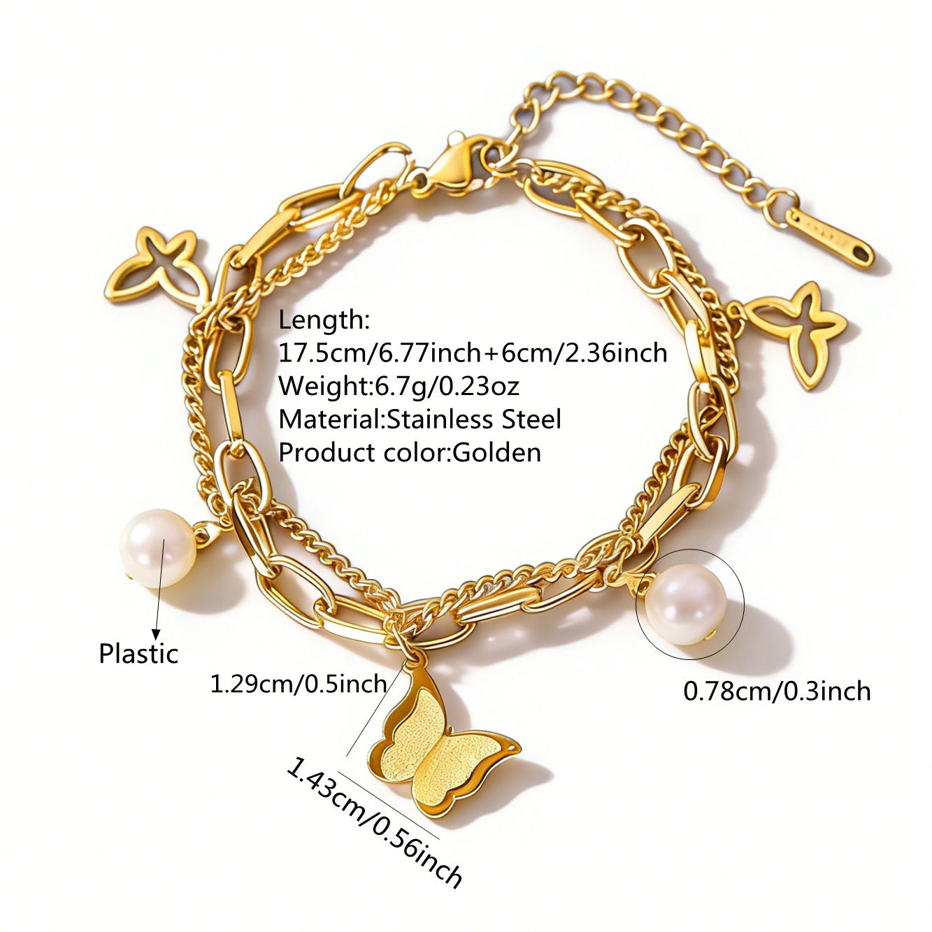 Minimalist Sweet Butterfly Geometric Stainless Steel Plated Bracelet with Pearl Double Layer Design for Women