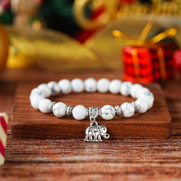Minimalist Natural White Turquoise Elephant Pendant Beaded Bracelet for Women