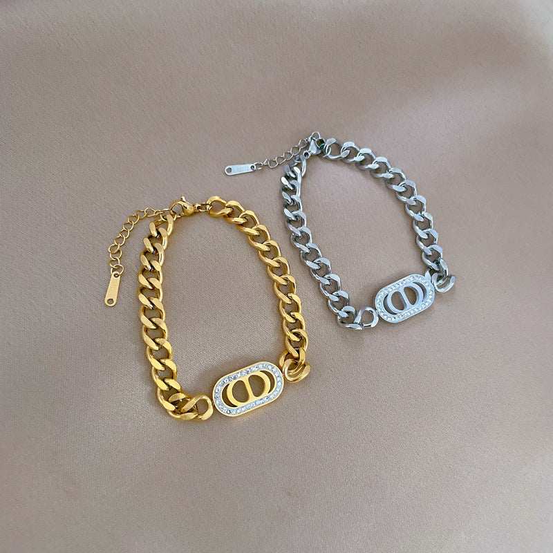 Minimalist Vintage CD Chain Bracelet in Titanium Steel with Rhinestone Inlay Constellation Design Gold Plated Bean and Wavy Texture