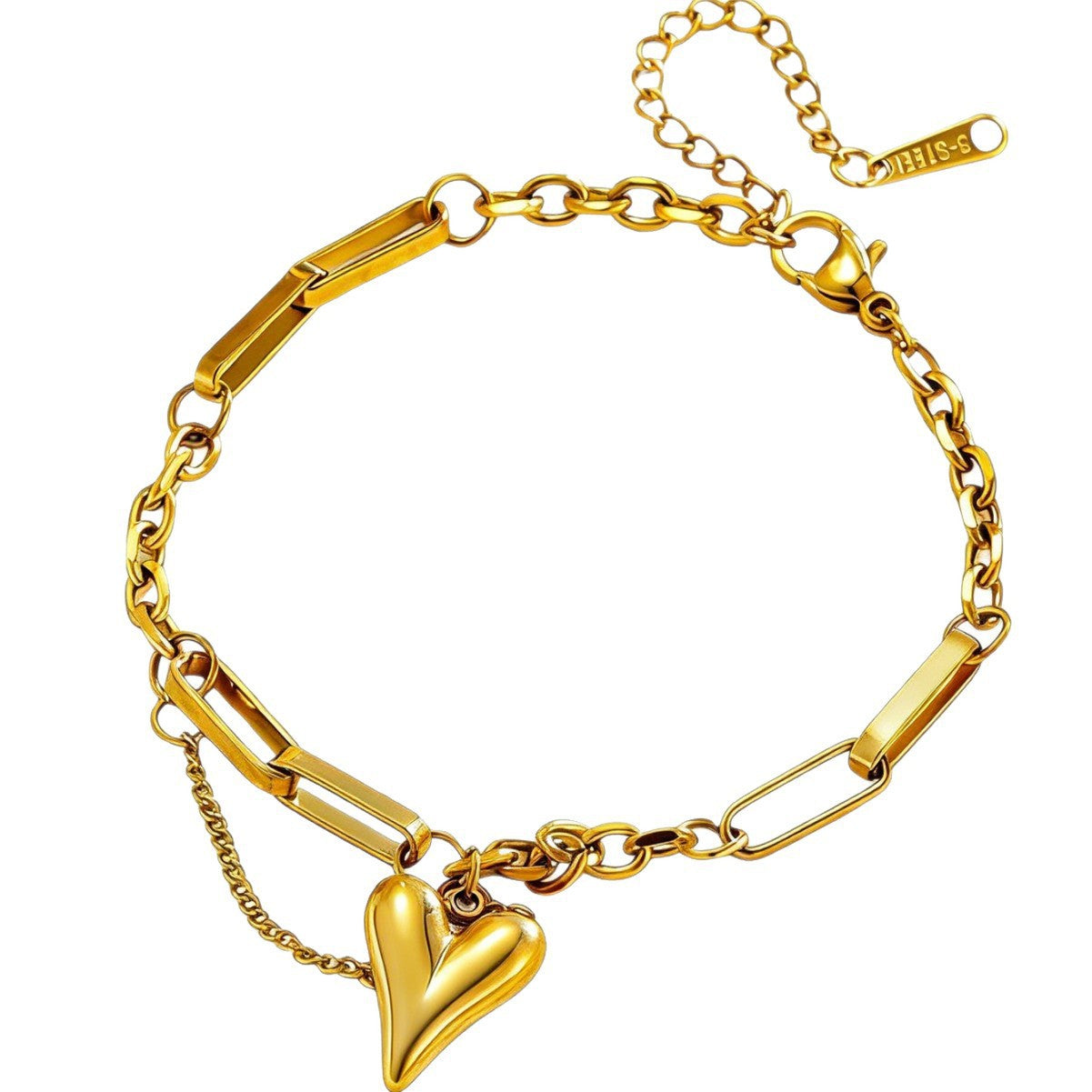 Bracciale da donna a catena in acciaio inossidabile e titanio placcato oro 18 carati vintage con cuore