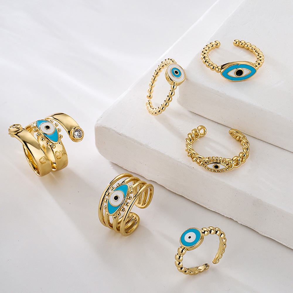 Anello Aperto Geometrico Minimalista da Donna con Base in Rame, Placcatura in Oro 18K e Smalto a Forma di Occhio di Allah