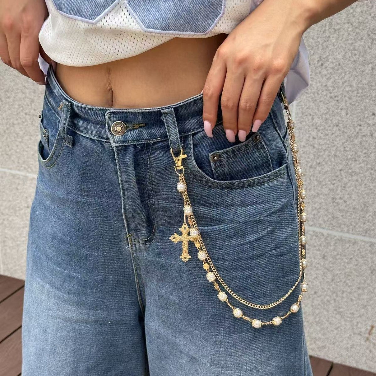 Catena in vita incrociata multistrato con strass stile Hip-hop Punk per uomo e donna