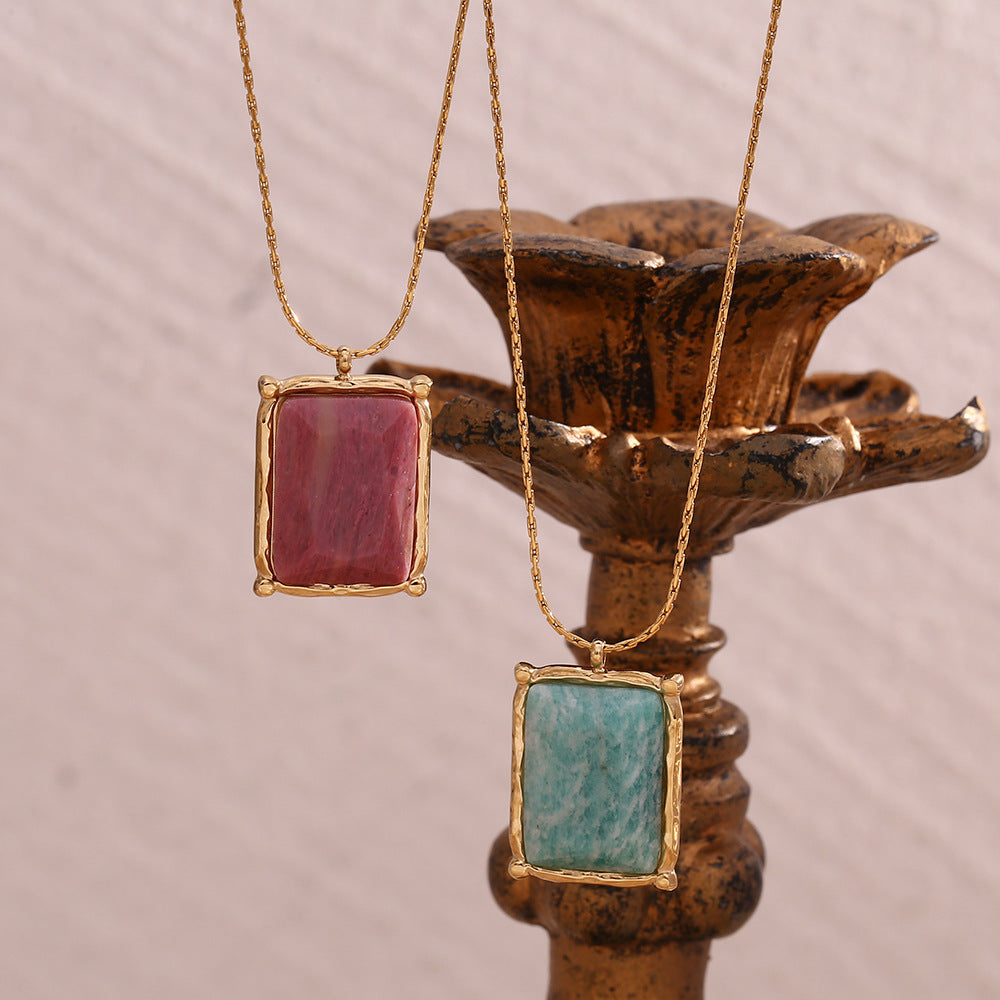 Collana con pendente geometrico rettangolare in pietra naturale, alla moda, da donna, in acciaio inossidabile placcato oro 18 carati