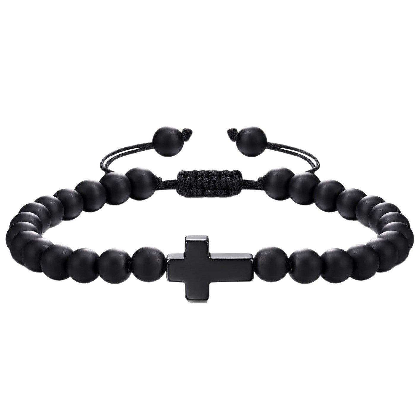 Matte Black Agate Cross Beaded Bracelet for Men