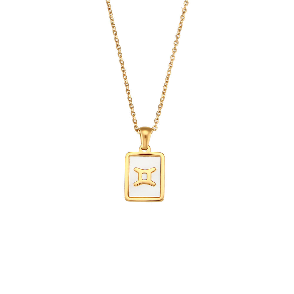 Collana con ciondolo segno zodiacale alla moda da donna con catena in acciaio inossidabile e intarsio in conchiglia naturale a forma di quadrato geometrico