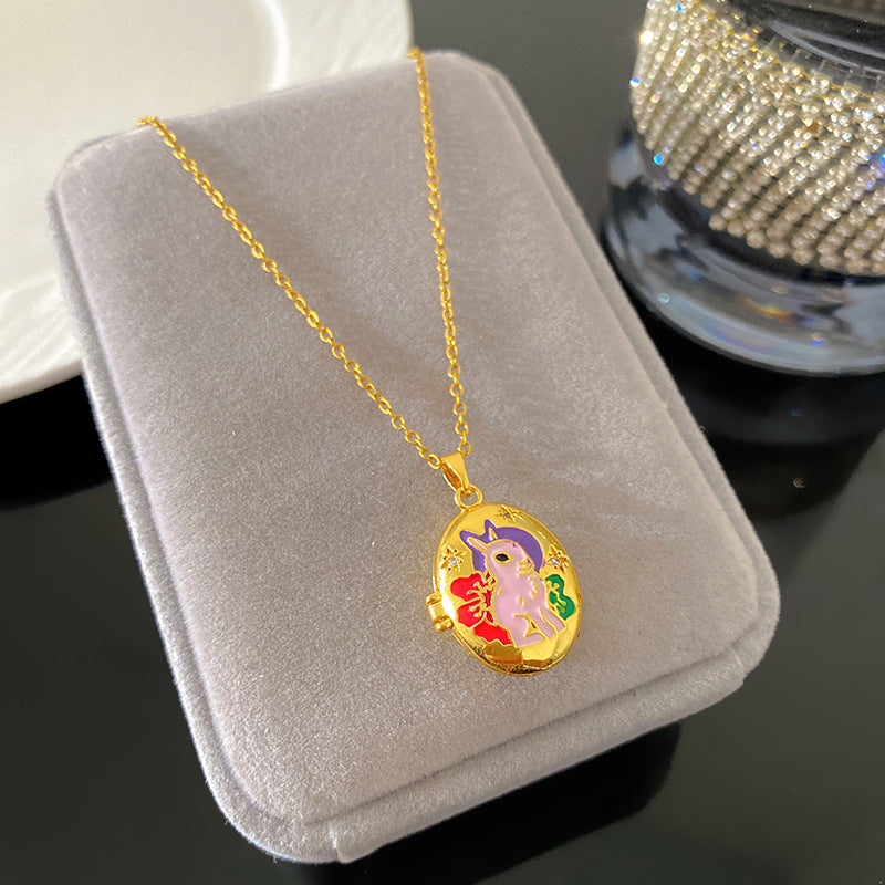 Vintage Enamel Drip Oil Oval Heart Brass Pendant Titanium Steel Necklace Cable Chain