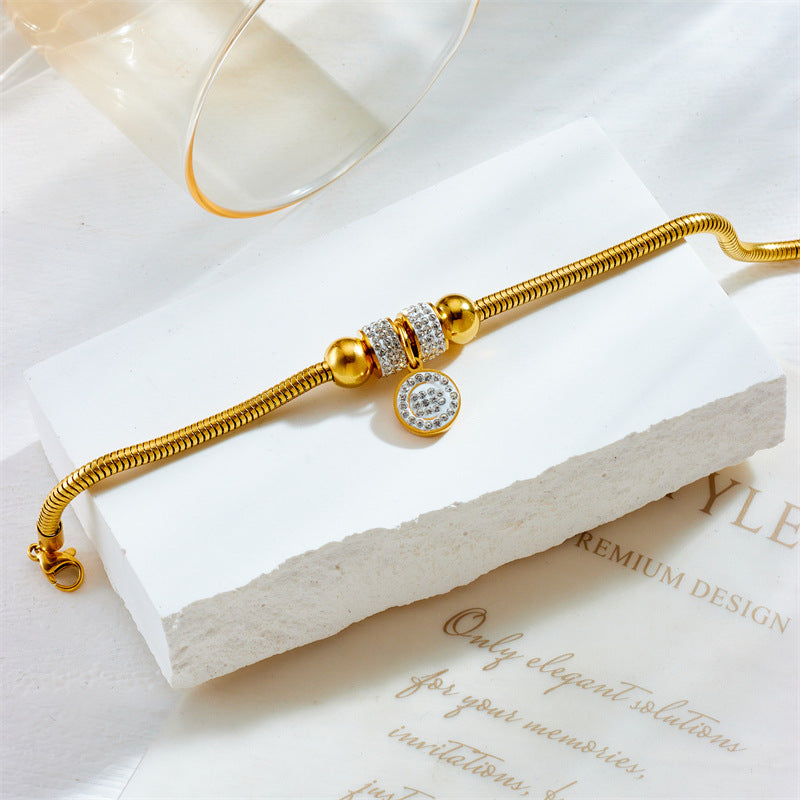 Fashionable Vintage Titanium Steel Beaded Round Pendant Bracelet with Rhinestone Inlay and Plated Finish