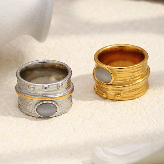 Vintage Old Money Style Geometric Stainless Steel Ring with 18K Gold Plating and Cat's Eye Stone Accent for Women
