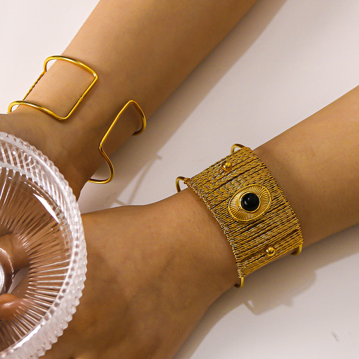 Minimalist Wide Cuff Bracelet in Titanium Steel with 18K Gold Plating and Natural Stone Inlay for Women